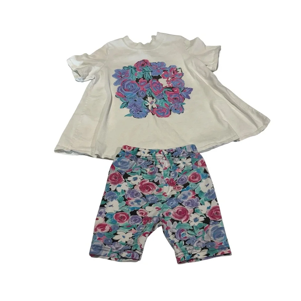 Vintage Cool Wear Kids Floral Shorts Set White‎ Swing Top Purple Pink 4/6X USA